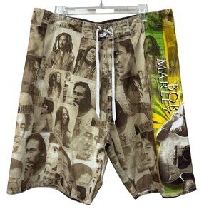 Bob Marley Men’s Board Shorts Graphic Print Drawstring Size 36 Brown Green
